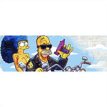 Lade das Bild in den Galerie-Viewer, Leinwandbild Cartoon Paar auf Motorrad farbenfrohe Illustration Panorama