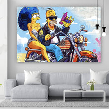 Lade das Bild in den Galerie-Viewer, Aluminiumbild gebürstet Cartoon Paar auf Motorrad farbenfrohe Illustration Querformat