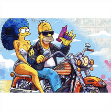 Lade das Bild in den Galerie-Viewer, Leinwandbild Cartoon Paar auf Motorrad farbenfrohe Illustration Querformat