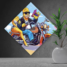 Lade das Bild in den Galerie-Viewer, Aluminiumbild gebürstet Cartoon Paar auf Motorrad farbenfrohe Illustration Raute