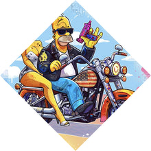 Lade das Bild in den Galerie-Viewer, Leinwandbild Cartoon Paar auf Motorrad farbenfrohe Illustration Raute