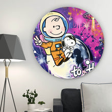 Lade das Bild in den Galerie-Viewer, Aluminiumbild gebürstet Charlie und Snoopy im Weltall Pop Art Kreis