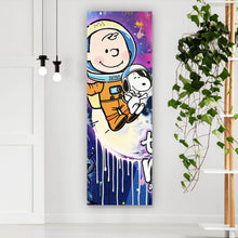 Lade das Bild in den Galerie-Viewer, Aluminiumbild Charlie und Snoopy im Weltall Pop Art Panorama Hoch