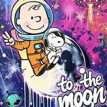 Lade das Bild in den Galerie-Viewer, Aluminiumbild Charlie und Snoopy im Weltall Pop Art Quadrat