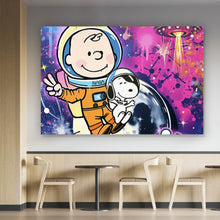 Lade das Bild in den Galerie-Viewer, Leinwandbild Charlie und Snoopy im Weltall Pop Art Querformat