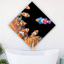 Lade das Bild in den Galerie-Viewer, Acrylglasbild Clownfische schwimmen im lebendigen Korallenriff Raute