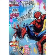 Lade das Bild in den Galerie-Viewer, Acrylglasbild Comic Held schwingt dynamisch durch bunte Graffiti Wand Hochformat