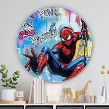 Lade das Bild in den Galerie-Viewer, Aluminiumbild gebürstet Comic Held schwingt dynamisch durch bunte Graffiti Wand Kreis