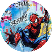 Lade das Bild in den Galerie-Viewer, Aluminiumbild Comic Held schwingt dynamisch durch bunte Graffiti Wand Kreis