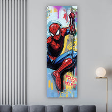 Lade das Bild in den Galerie-Viewer, Leinwandbild Comic Held schwingt dynamisch durch bunte Graffiti Wand Panorama Hoch