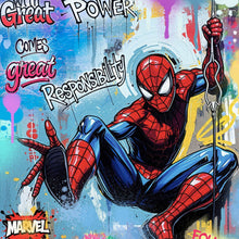 Lade das Bild in den Galerie-Viewer, Leinwandbild Comic Held schwingt dynamisch durch bunte Graffiti Wand Quadrat