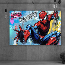 Lade das Bild in den Galerie-Viewer, Acrylglasbild Comic Held schwingt dynamisch durch bunte Graffiti Wand Querformat