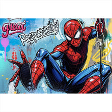 Lade das Bild in den Galerie-Viewer, Acrylglasbild Comic Held schwingt dynamisch durch bunte Graffiti Wand Querformat