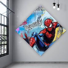 Lade das Bild in den Galerie-Viewer, Aluminiumbild Comic Held schwingt dynamisch durch bunte Graffiti Wand Raute