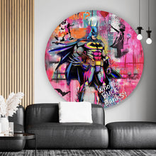 Lade das Bild in den Galerie-Viewer, Aluminiumbild Comic Held vor buntem Street Art Hintergrund Kreis