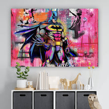 Lade das Bild in den Galerie-Viewer, Acrylglasbild Comic Held vor buntem Street Art Hintergrund Querformat