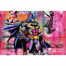 Lade das Bild in den Galerie-Viewer, Acrylglasbild Comic Held vor buntem Street Art Hintergrund Querformat