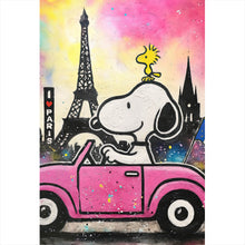 Lade das Bild in den Galerie-Viewer, Poster Comic Hund vor Pariser Skyline Pop Art Hochformat