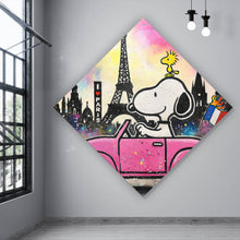 Lade das Bild in den Galerie-Viewer, Poster Comic Hund vor Pariser Skyline Pop Art Raute
