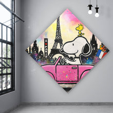 Lade das Bild in den Galerie-Viewer, Aluminiumbild gebürstet Comic Hund vor Pariser Skyline Pop Art Raute