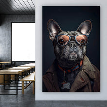 Lade das Bild in den Galerie-Viewer, Leinwandbild Coole Bulldogge mit Brille und Jacke Hochformat