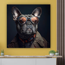 Lade das Bild in den Galerie-Viewer, Leinwandbild Coole Bulldogge mit Brille und Jacke Quadrat
