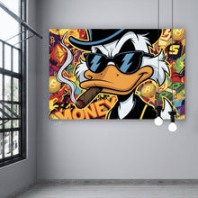 Lade das Bild in den Galerie-Viewer, Leinwandbild Coole Ente mit Zigarre auf Geld Hintergrund Querformat