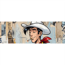 Lade das Bild in den Galerie-Viewer, Aluminiumbild gebürstet Cooler Cowboy auf urbanem Hintergrund Panorama