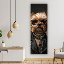 Lade das Bild in den Galerie-Viewer, Aluminiumbild gebürstet Cooler kleiner Hund mit Lederjacke und Brille Panorama Hoch