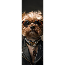 Lade das Bild in den Galerie-Viewer, Aluminiumbild gebürstet Cooler kleiner Hund mit Lederjacke und Brille Panorama Hoch