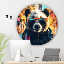 Lade das Bild in den Galerie-Viewer, Aluminiumbild gebürstet Cooler Panda mit Sonnenbrille Street Art Kreis