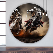 Lade das Bild in den Galerie-Viewer, Aluminiumbild Dramatische Ritter auf stürmischen Schlachtrossen Kreis