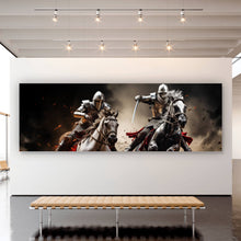 Lade das Bild in den Galerie-Viewer, Aluminiumbild gebürstet Dramatische Ritter auf stürmischen Schlachtrossen Panorama