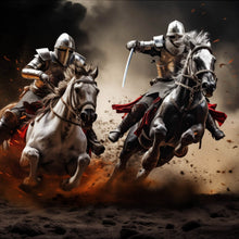 Lade das Bild in den Galerie-Viewer, Leinwandbild Dramatische Ritter auf stürmischen Schlachtrossen Quadrat