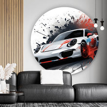 Lade das Bild in den Galerie-Viewer, Aluminiumbild Dynamisches Auto mit Farbspritzer Hintergrund Kreis