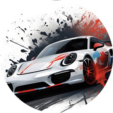 Lade das Bild in den Galerie-Viewer, Aluminiumbild gebürstet Dynamisches Auto mit Farbspritzer Hintergrund Kreis