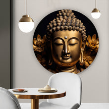 Lade das Bild in den Galerie-Viewer, Aluminiumbild gebürstet Edle Buddha Statue mit floralen Details Kreis