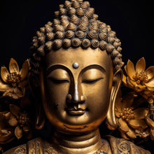 Lade das Bild in den Galerie-Viewer, Acrylglasbild Edle Buddha Statue mit floralen Details Quadrat