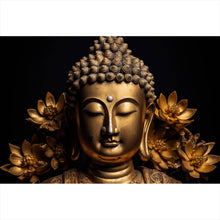 Lade das Bild in den Galerie-Viewer, Leinwandbild Edle Buddha Statue mit floralen Details Querformat