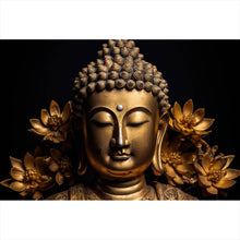 Lade das Bild in den Galerie-Viewer, Spannrahmenbild Edle Buddha Statue mit floralen Details Querformat