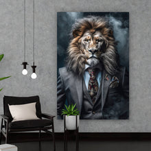 Lade das Bild in den Galerie-Viewer, Acrylglasbild Edles Löwenporträt im eleganten Anzug Hochformat