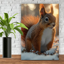 Lade das Bild in den Galerie-Viewer, Leinwandbild Eichhörnchen im verschneiten goldenen Morgenlicht Hochformat