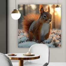 Lade das Bild in den Galerie-Viewer, Aluminiumbild Eichhörnchen im verschneiten goldenen Morgenlicht Quadrat