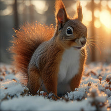 Lade das Bild in den Galerie-Viewer, Aluminiumbild Eichhörnchen im verschneiten goldenen Morgenlicht Quadrat