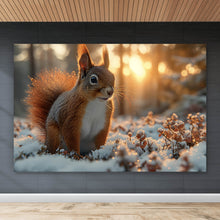 Lade das Bild in den Galerie-Viewer, Leinwandbild Eichhörnchen im verschneiten goldenen Morgenlicht Querformat