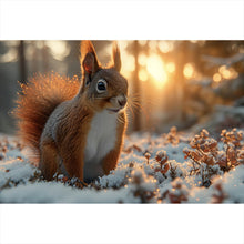 Lade das Bild in den Galerie-Viewer, Leinwandbild Eichhörnchen im verschneiten goldenen Morgenlicht Querformat
