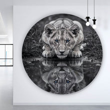 Lade das Bild in den Galerie-Viewer, Aluminiumbild gebürstet Eindrucksvolles Löwenjunges Spiegelbild Kreis