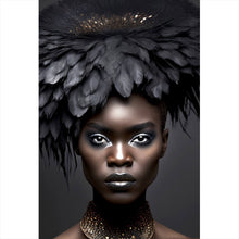 Lade das Bild in den Galerie-Viewer, Leinwandbild Elegante Frau mit beeindruckendem Federkopfschmuck Hochformat