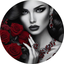 Lade das Bild in den Galerie-Viewer, Aluminiumbild Elegante Frau mit Rosen und Schmuck Kreis