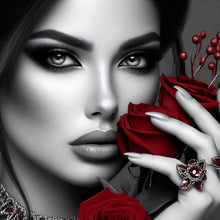 Lade das Bild in den Galerie-Viewer, Leinwandbild Elegante Frau mit Rosen und Schmuck No. 2 Quadrat